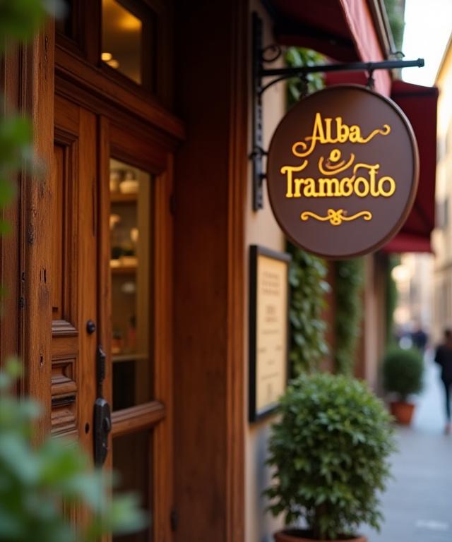 Dettaglio dell'insegna e dell'ingresso in legno del negozio Alba e Tramonto a Firenze.